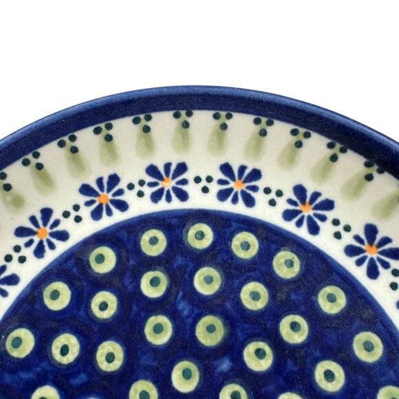 Polish Pottery Salad Plate 7.5" Blue Green Gingham Peacoc Stoneware Handcrafted - Picture 4 of 6